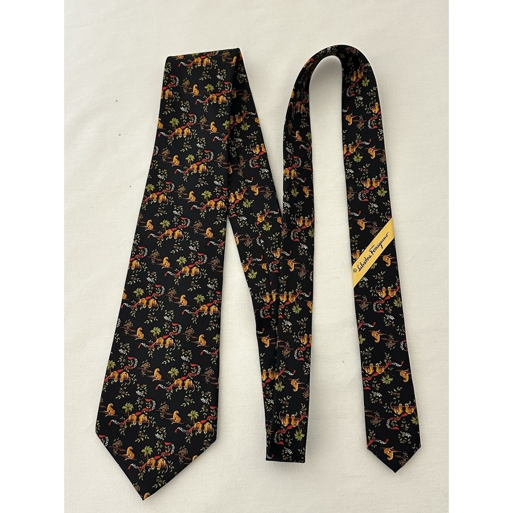 Vtg Salvatore Ferragamo Silk Tie Men Black Jungle Leopard & Palm Trees Italy‎ - Picture 2 of 3